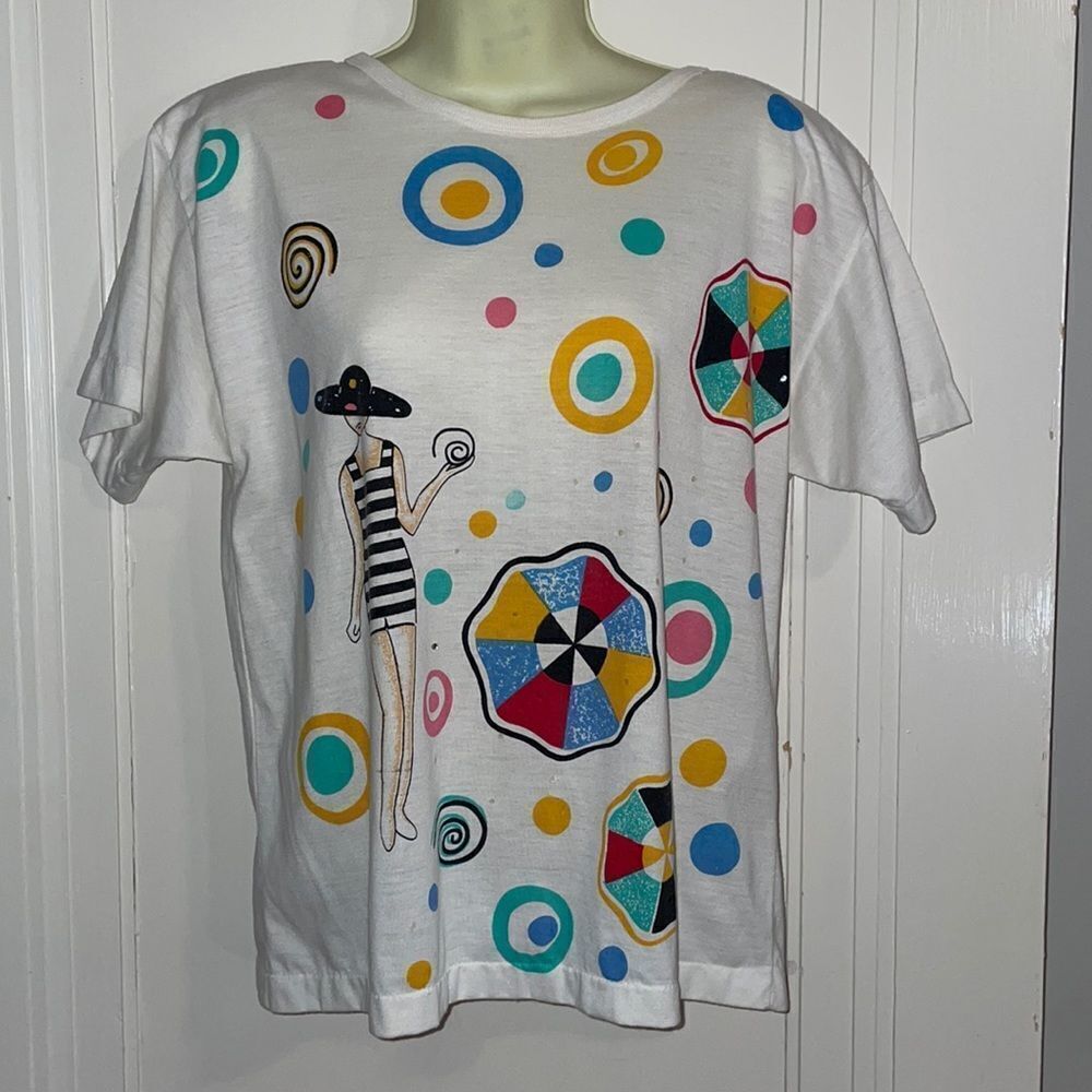 Vtg 80s/90s Silvercord Petites white T-shirt/multi colored circle‎ beach theme